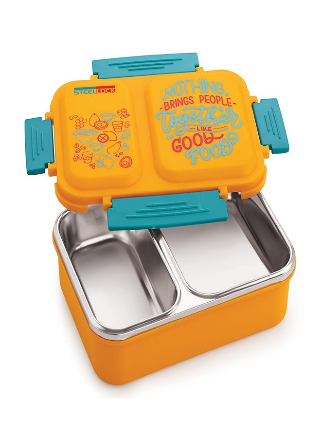 STEELLOCK علبة طعام ستيللوك سمارت ميل المعزولة المصنوعة من الفولاذ المقاوم للصدأ، ذات قسمين، للأطفال والكبار، مانعة للتسرب، مزودة بغطاء محكم الإغلاق من السيليكون، علبة بينتو للمدرسة والمكتب، للأولاد والبنات، 650 مل - أصفر - Image 2